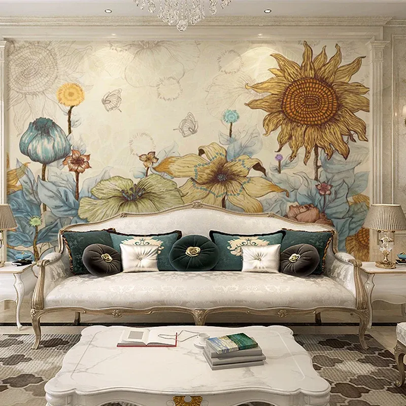 Papier peint Mural décoratif tournesol, revêtement Mural en tissu Non tissé nostalgique pour décoration de salle à manger...