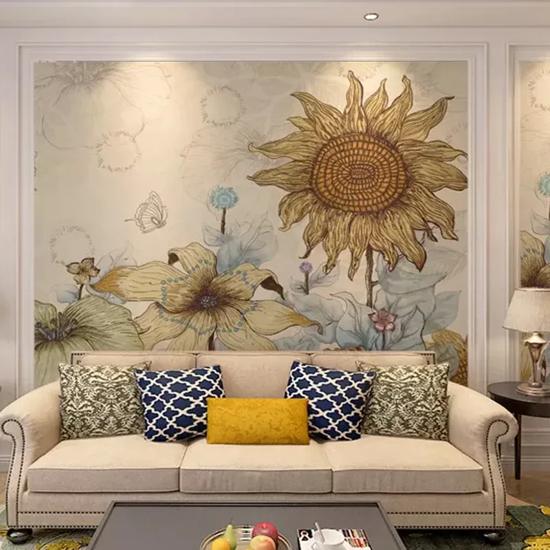Papier peint Mural décoratif tournesol, revêtement Mural en tissu Non tissé nostalgique pour décoration de salle à manger...