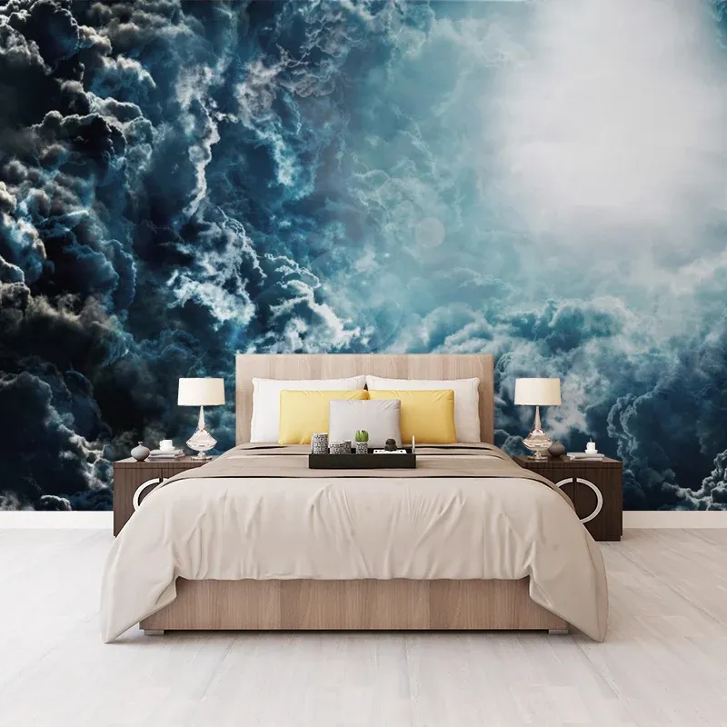Papier peint mural extra large en style photo avec nuages empilés et lumière du soleil pour les bars en bleu foncé, taille...