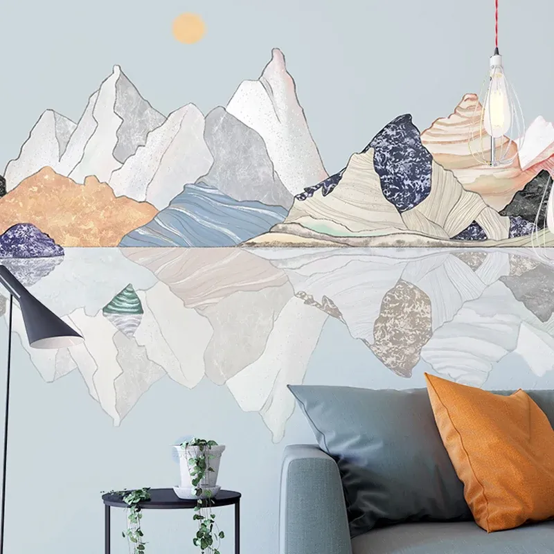 Papier peint mural géant pour cheminée, croquis d'art mural de montagne en multicolore, résistant à l'eau Clearhalo