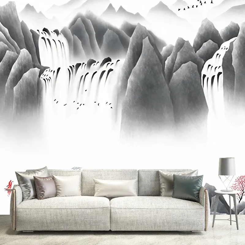 Papier peint mural illustration Big Mountain pour la décoration de la maison, gris et blanc, sur mesure Clearhalo