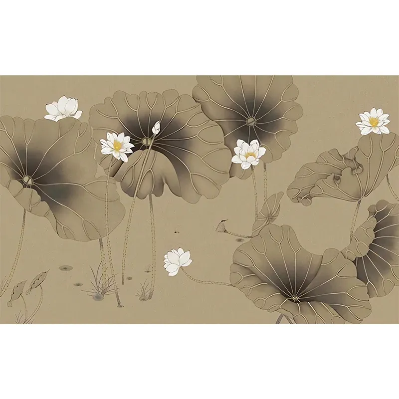Papier peint mural Lotus vintage pour mur d’accent, art mural pleine grandeur en marron et blanc Clearhalo