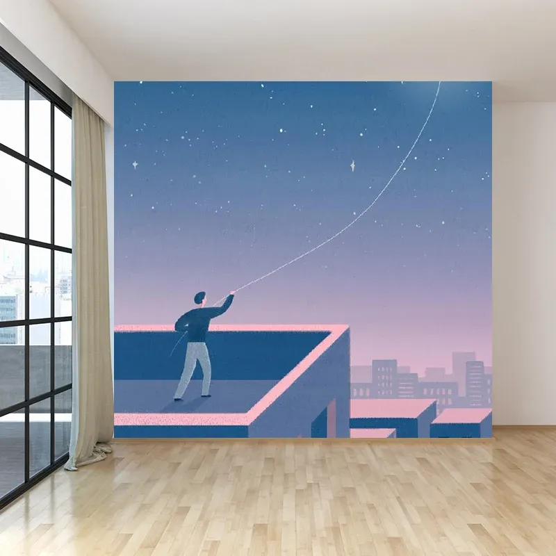 Papier peint Mural lune et paysage urbain, revêtement Mural contemporain bleu pour salon Clearhalo