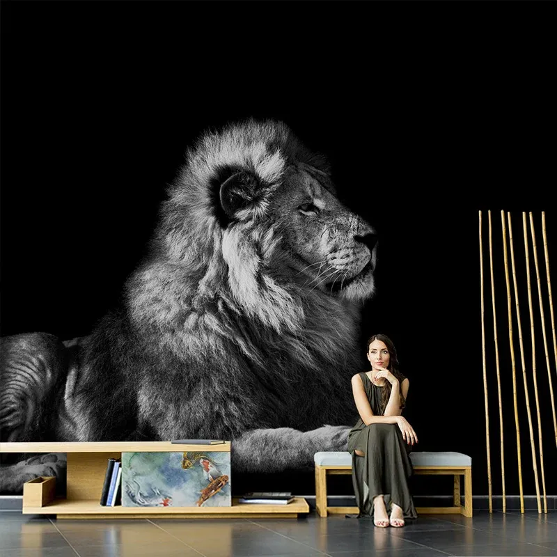 Papier peint mural moderne et grandiose à effet 3D en forme de lion entier en gris pastel Clearhalo