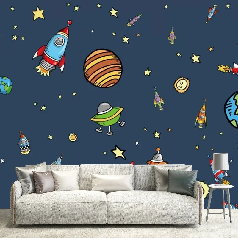 Papier peint mural nordique avec illustration énorme pour chambre d'enfant, motif dessin animé Deep Space en bleu foncé Cl...