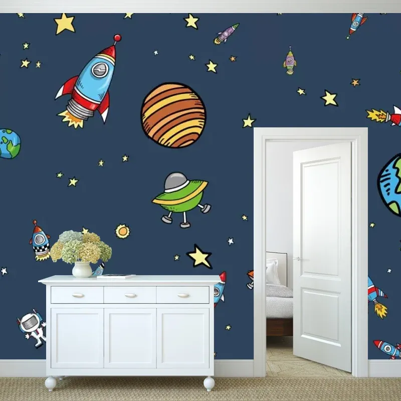 Papier peint mural nordique avec illustration énorme pour chambre d'enfant, motif dessin animé Deep Space en bleu foncé Cl...