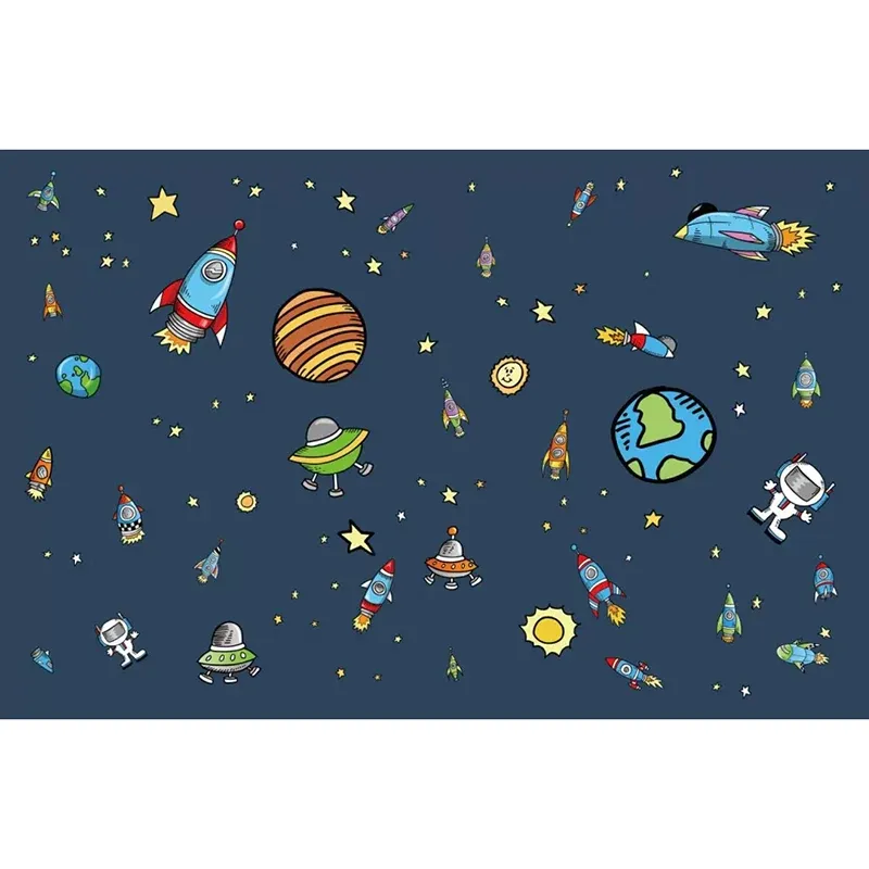 Papier peint mural nordique avec illustration énorme pour chambre d'enfant, motif dessin animé Deep Space en bleu foncé Cl...