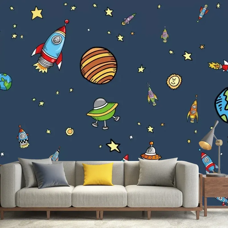 Papier peint mural nordique avec illustration énorme pour chambre d'enfant, motif dessin animé Deep Space en bleu foncé Cl...