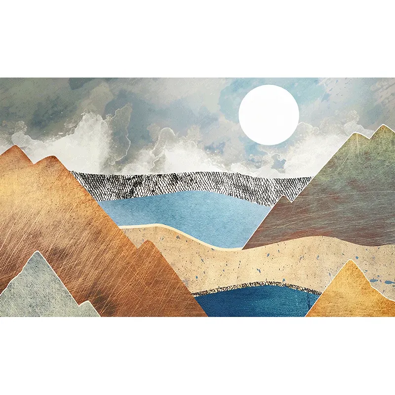 Papier peint mural nostalgique complet pour chambre d’amis avec lever de soleil et montagne, taille personnalisée disponib...
