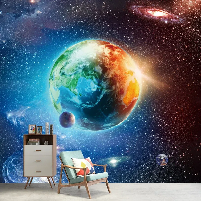 Papier peint mural planète terre, décoration murale fantaisie Orange et bleu pour la maternelle Clearhalo