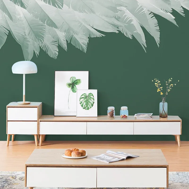Papier peint mural en plumes avec illustration personnalisée pour décoration de restaurant en vert pastel Clearhalo