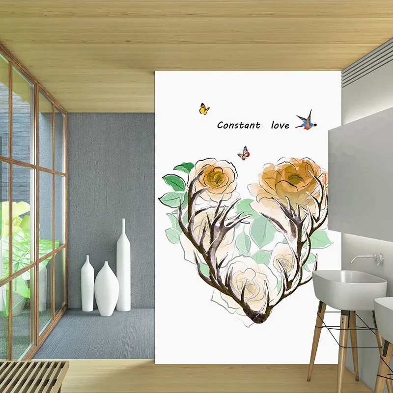 Papier peint mural résistant aux taches, décoration murale en tissu non tissé artistique avec motif de bois et de fleurs C...