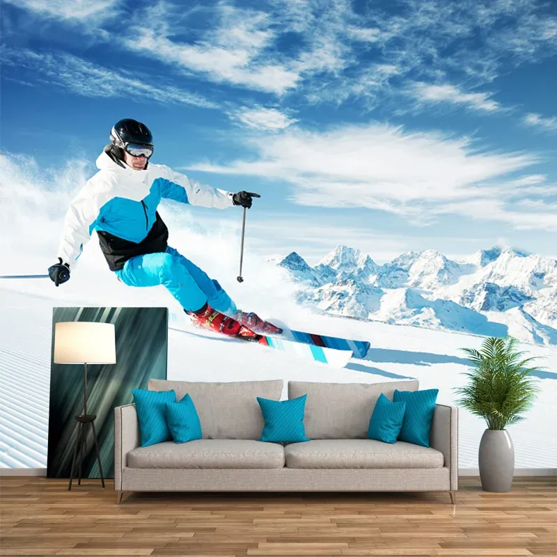 Papier peint mural de ski pleine grandeur, art mural intissé bleu et blanc, résistant aux taches Clearhalo