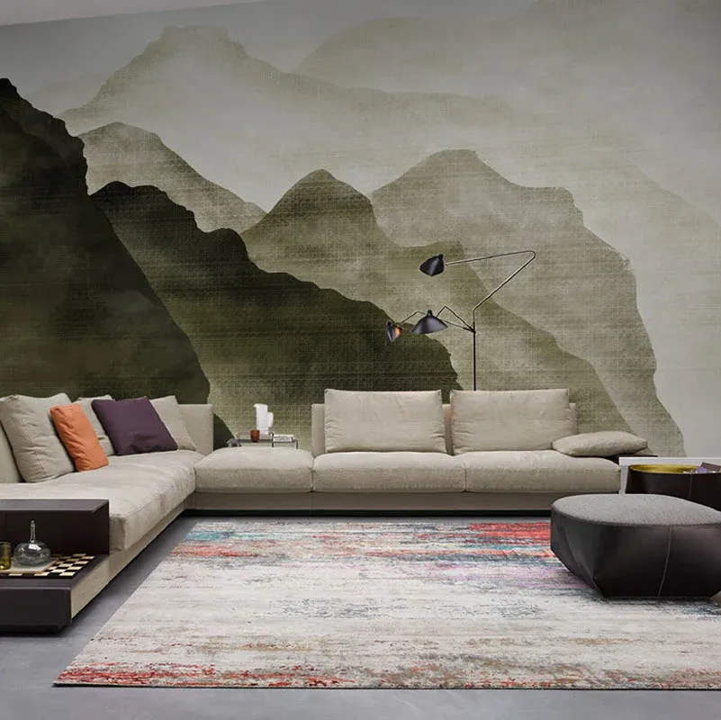 Papier peint mural traditionnel avec illustration énorme, pour mur d'accent avec motif de montagne en noir et vert Clearhalo