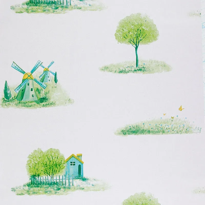 Papier peint pour chambre d'enfant avec motif moulin à vent et arbre vert et blanc, 77,5 pieds carrés, facile à enlever Cl...