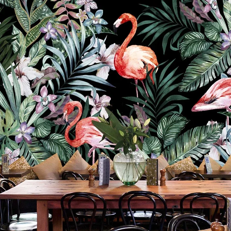 Papier peint tropical avec illustration entière pour chambre d'amis avec flamant rose et plante en rose et vert Clearhalo