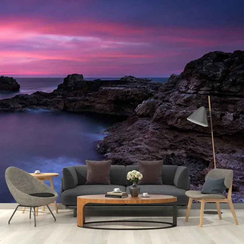 Papier peint tropical violet-bleu, mer entière avec Rock Bay au crépuscule, Art mural pour chambre à coucher Clearhalo