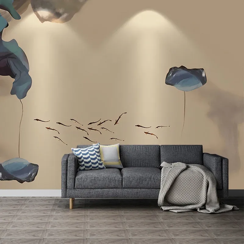 Peinture murale grand lotus et poisson pour salon, aquarelles, art mural en marron et bleu, résistant aux taches Clearhalo