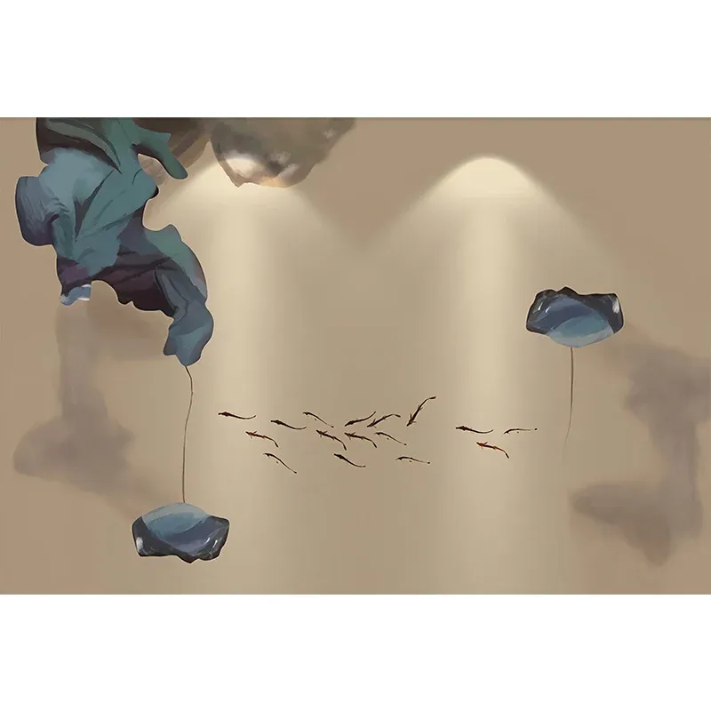 Peinture murale grand lotus et poisson pour salon, aquarelles, art mural en marron et bleu, résistant aux taches Clearhalo