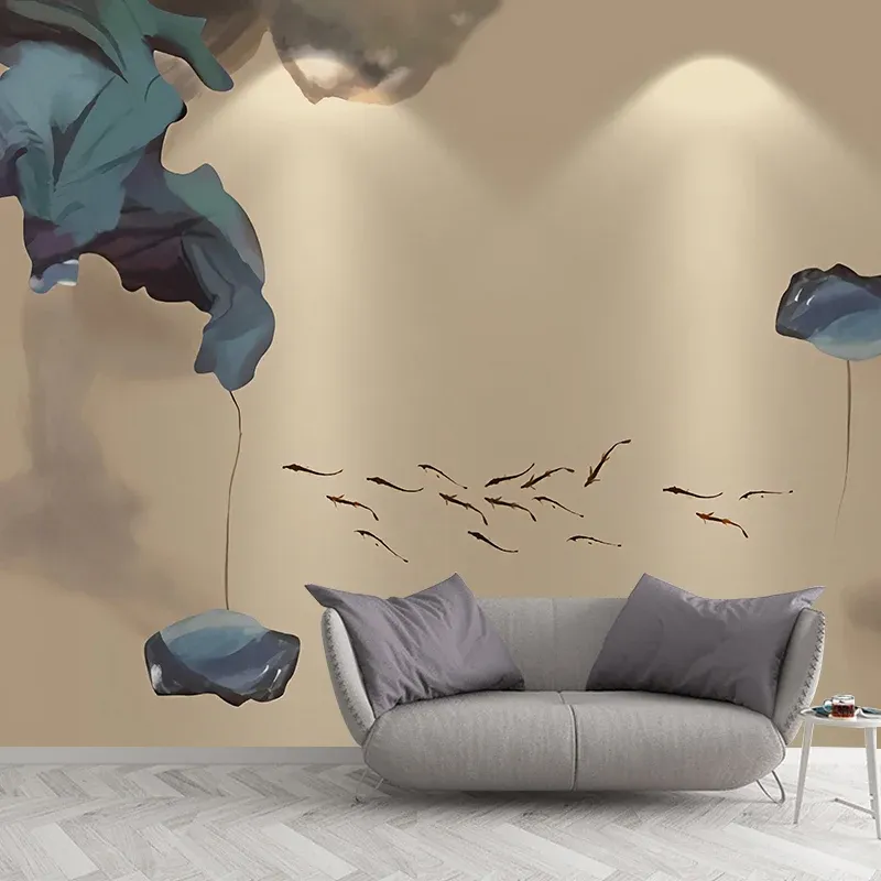 Peinture murale grand lotus et poisson pour salon, aquarelles, art mural en marron et bleu, résistant aux taches Clearhalo