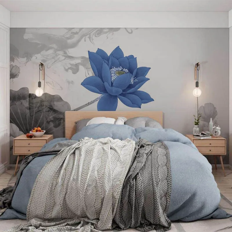 Peinture murale Lotus pleine grandeur en matériau non tissé bleu et gris, Art mural pour mur d'accent, imprimé sur mesure...