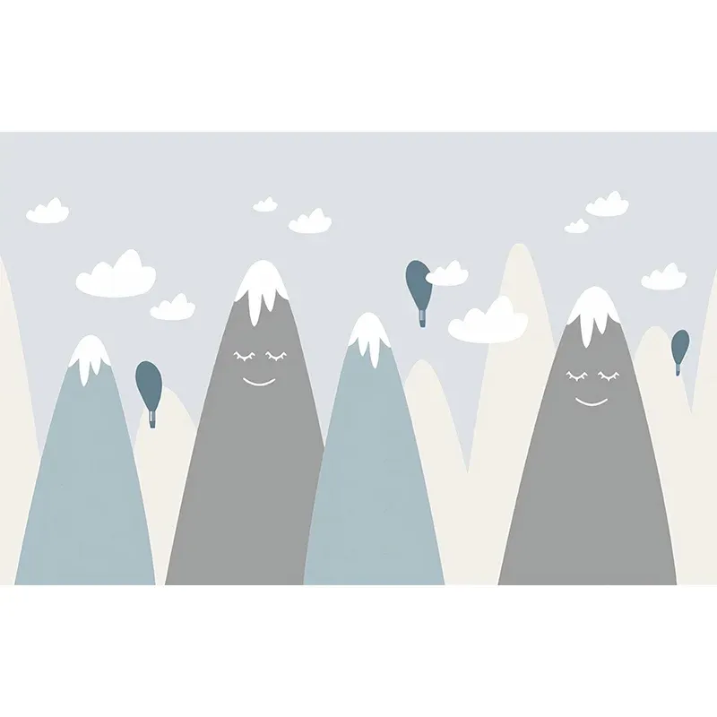 Peinture murale moderniste montagne et ballon en revêtement mural gris pour chambre d’enfant, taille personnalisée disponi...
