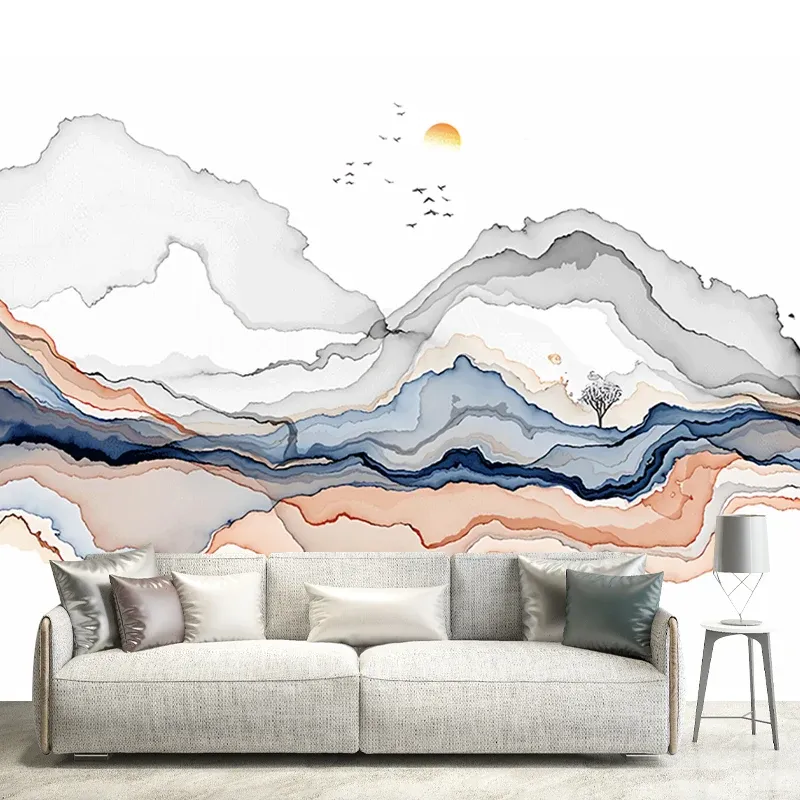 Peinture murale non tissée résistante à l'eau, art mural classique de montagne et d'oiseaux pour chambre à coucher Clearhalo