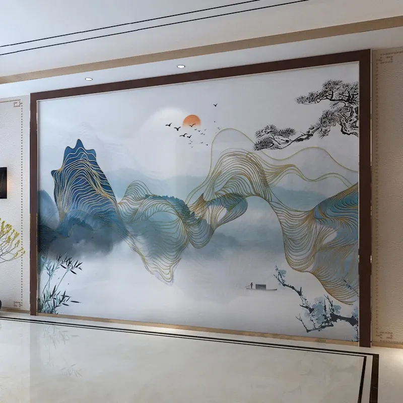 Peinture murale traditionnelle de montagne et de soleil pour galerie, revêtement mural pleine grandeur en bleu et vert Cle...
