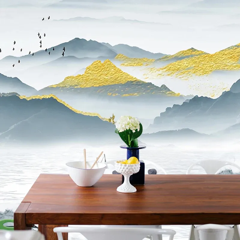 Peinture murale vintage de montagne et de rivière pour mur d’accent, revêtement mural extra large en bleu et gris Clearhalo