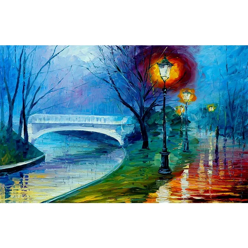 Peintures murales classiques d'illustration personnalisée avec motif de route de nuit et de pont en orange et bleu Clearhalo