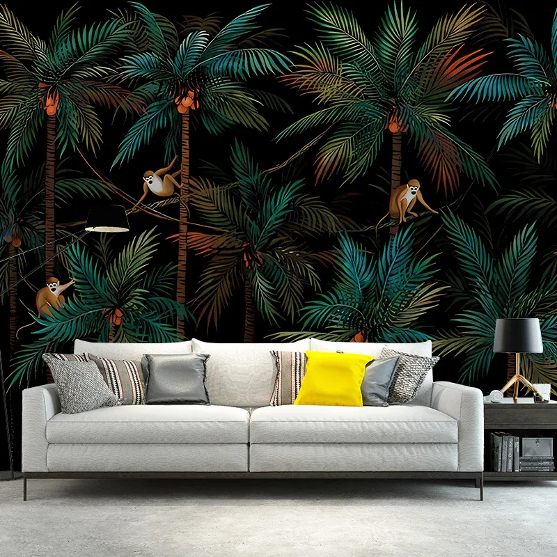 Peintures murales tropicales de jungle de noix de coco, décoration murale de salon de couleur foncée, taille personnalisée...