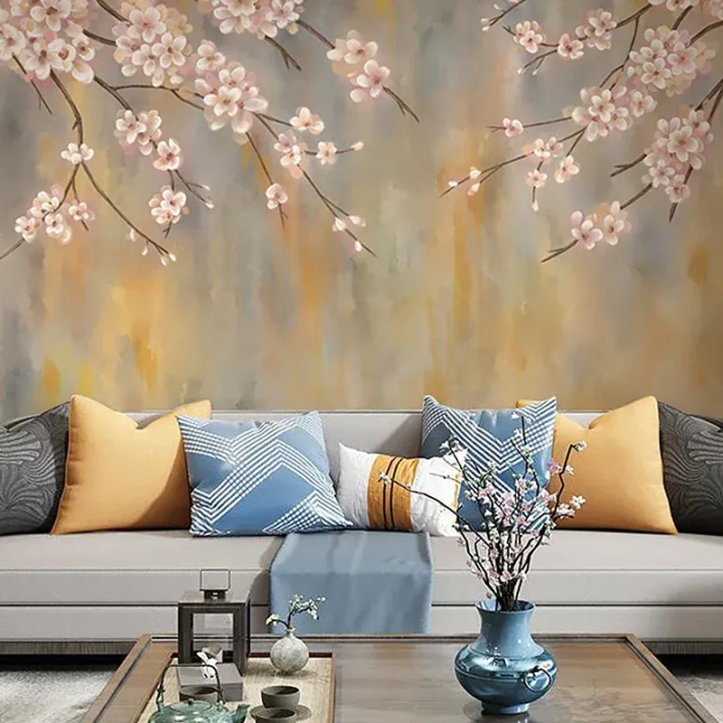 Revêtement mural de fleurs fleuries en rose et jaune, art mural traditionnel pour chambre d’amis Clearhalo