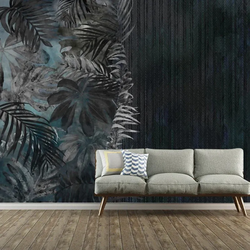 Revêtement mural de plantes entières pour mur d'accent, papier peint mural en imitation bois en gris et noir, résistant au...