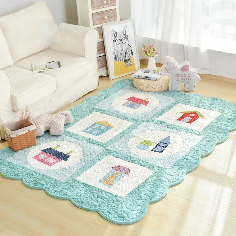 Tapis de dessin de maison festonné, multicolore, pour enfants, synthétique, résistant aux taches, respectueux des animaux...