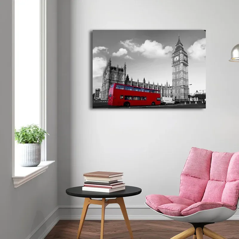 Toile Big Ben d'inspiration mondiale, impression murale texturée rouge et grise pour le salon Clearhalo