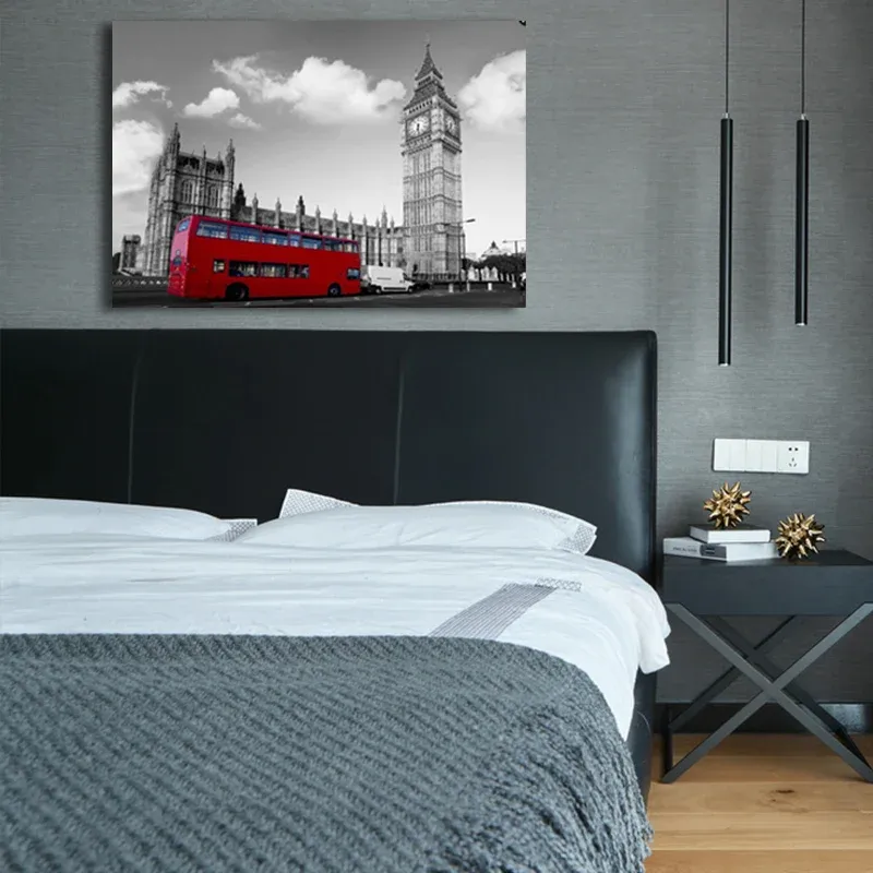 Toile Big Ben d'inspiration mondiale, impression murale texturée rouge et grise pour le salon Clearhalo
