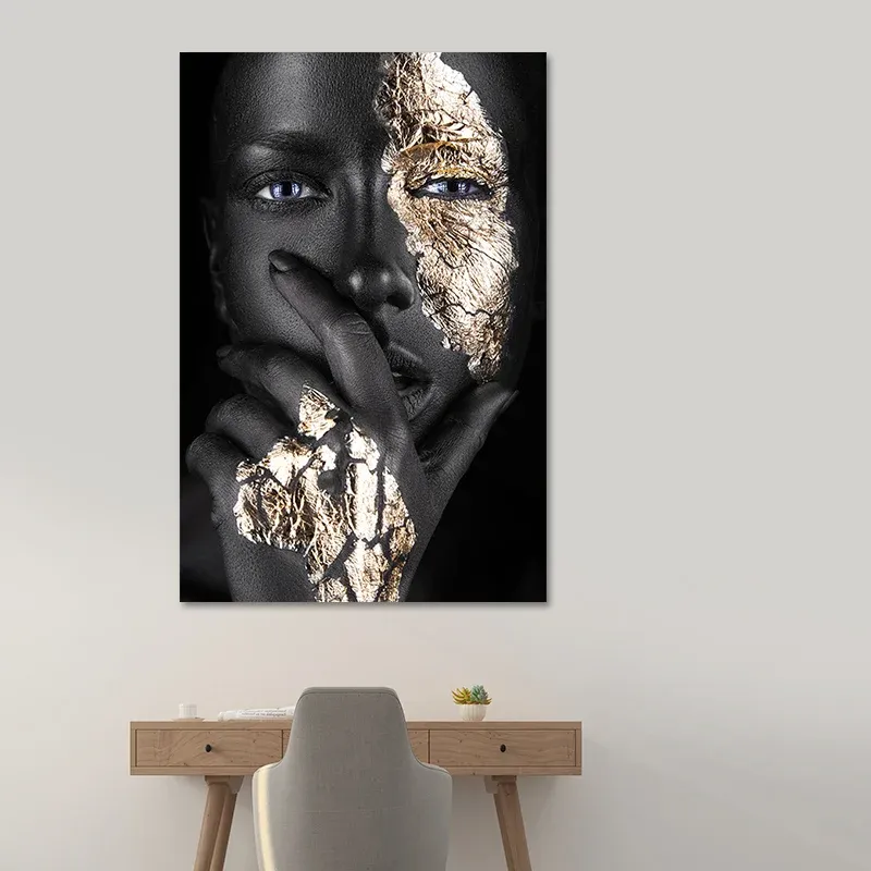 Toile imprimée avec visage de femme noir et or, décoration murale à Surface texturée Glam pour chambre Clearhalo