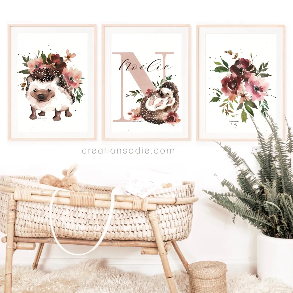 Affiches chambre enfant - Bébés hérissons dans les fleurs Créations Odie