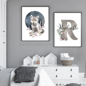 Affiches chambre enfant - Louveteau fleurs Créations Odie