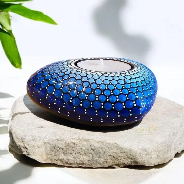 Bougeoir cœur mandala bleu en pointillisme CréAzur Delf'