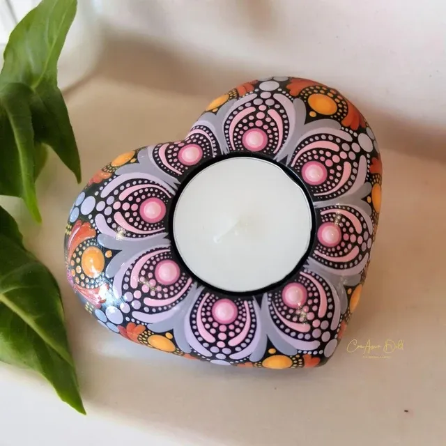 Bougeoir cœur mandala orange, rose et mauve CréAzur Delf'