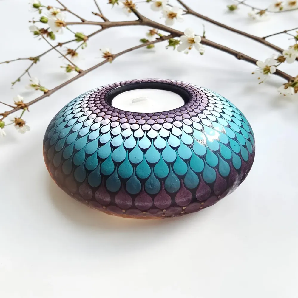 Bougeoir mandala pointillisme violet et bleu vert d'eau CréAzur Delf'