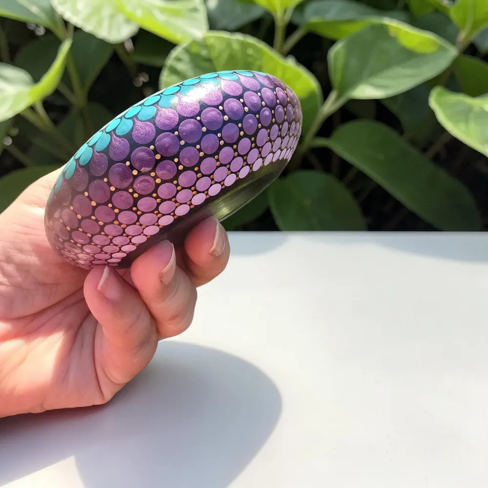 Bougeoir mandala pointillisme violet et bleu vert d'eau CréAzur Delf'