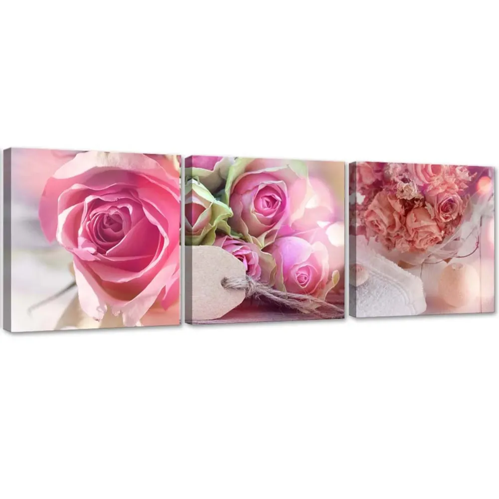 Ensemble de trois tableaux imprimés sur toile, 3 roses roses 90x30 Feeby