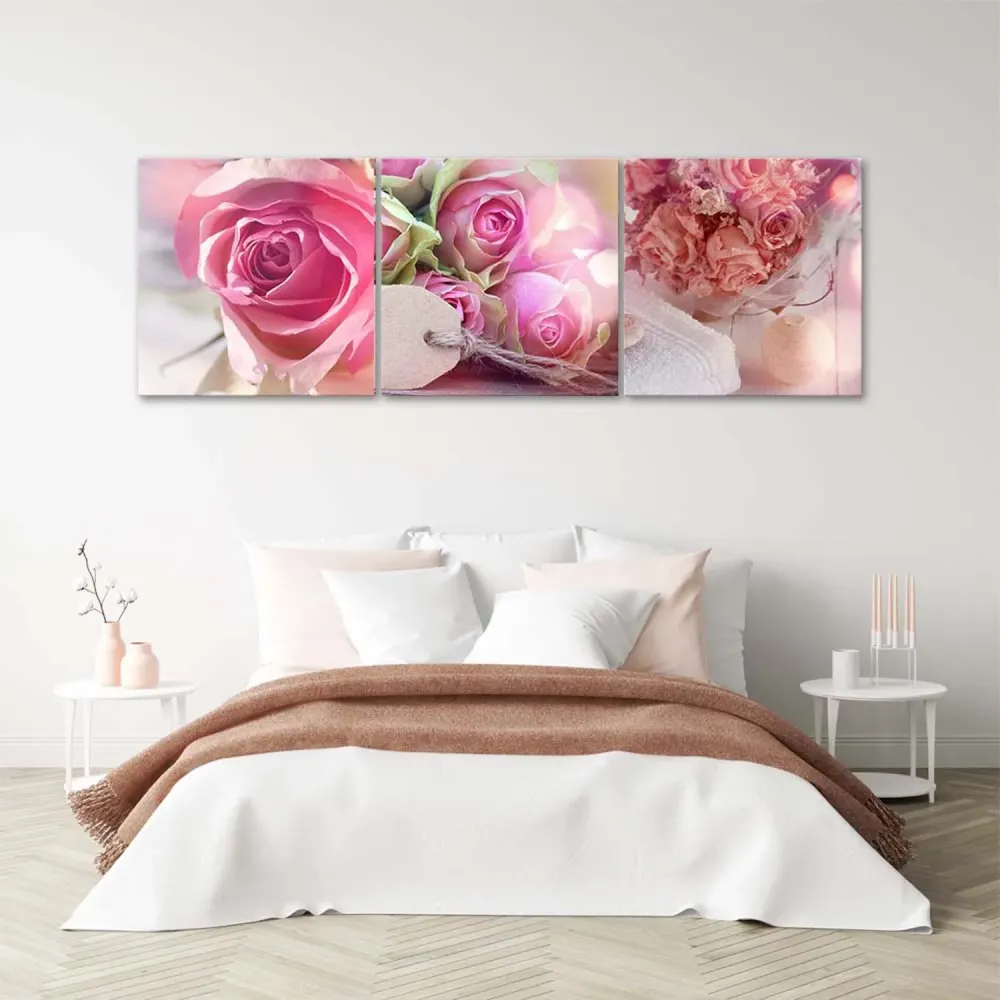 Ensemble de trois tableaux imprimés sur toile, 3 roses roses 90x30 Feeby