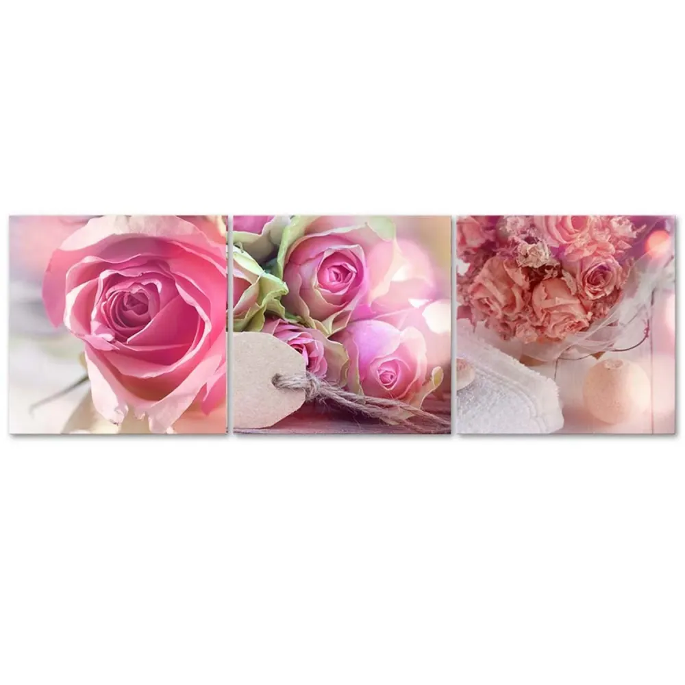 Ensemble de trois tableaux imprimés sur toile, 3 roses roses 90x30 Feeby
