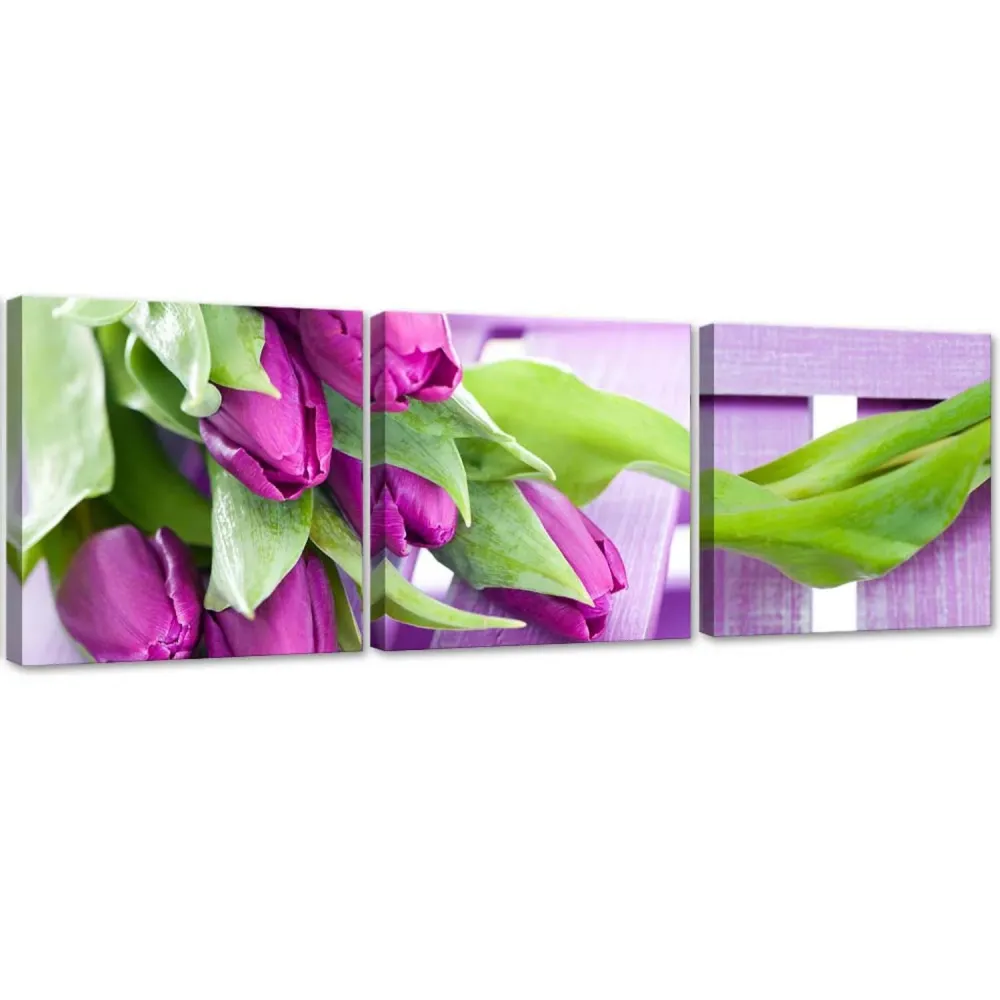Ensemble de trois toiles imprimées, Tulipes violettes en bouquet 90x30 Feeby