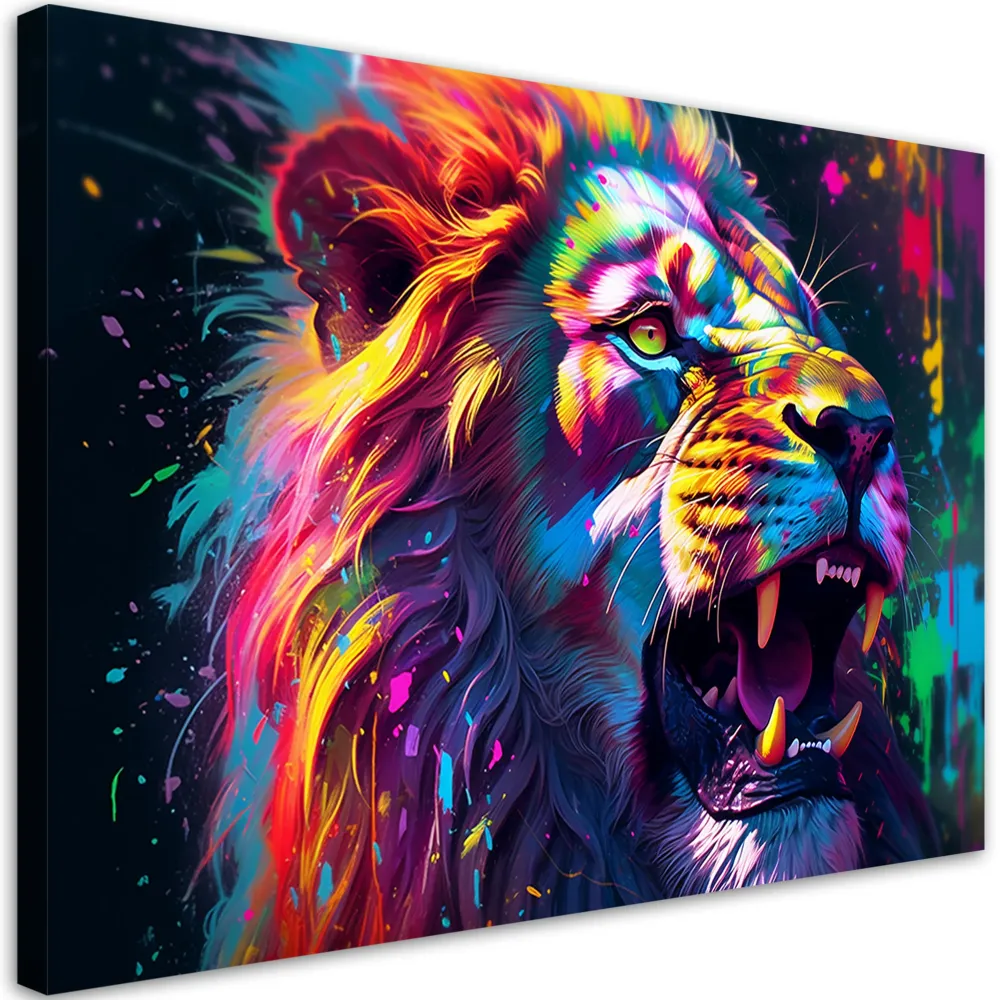 Impression sur toile, Abstraction néon du lion 60x40 Feeby
