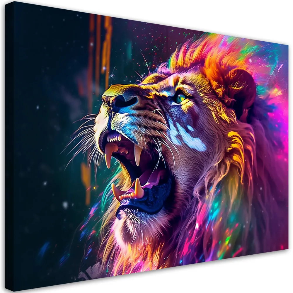 Impression sur toile, abstraction néon du rugissement du lion 60x40 Feeby