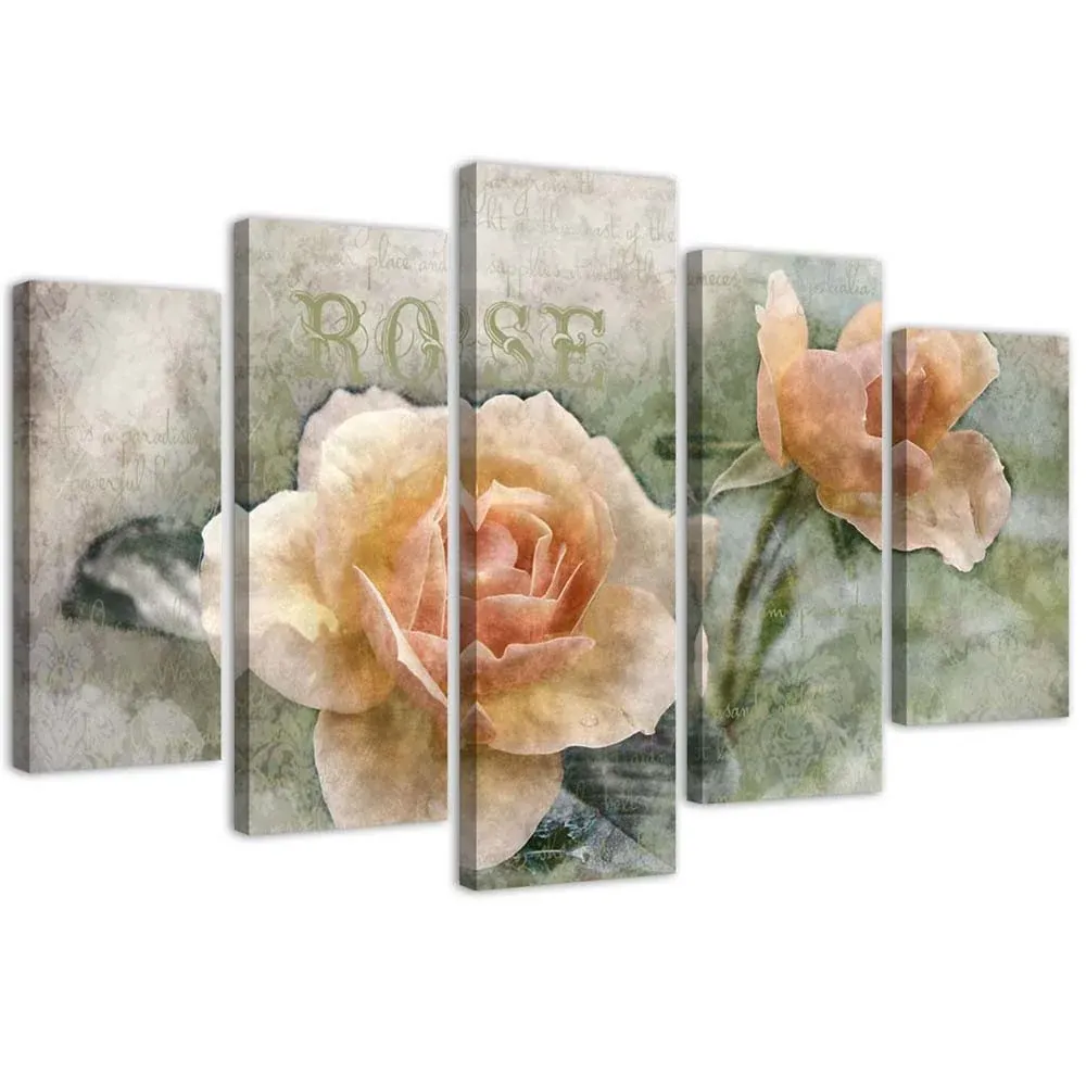 Impression sur toile en cinq parties, roses thé style shabby chic 100x70 Feeby